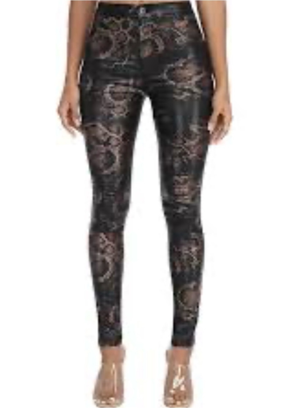 JC & JQ Metallic Snake Print Skinny Pants High Rise Stretchy Brown Black L